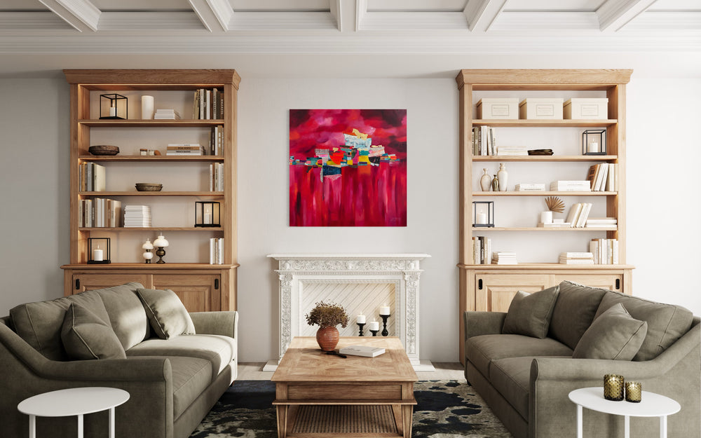 48" x 48" acrylic and gold lead painting by Lau Blou. Collaged pieces of fabric, paper, gold leaf handcut torn edges cin blue, red, pink, green, and yellow on pink streaky background