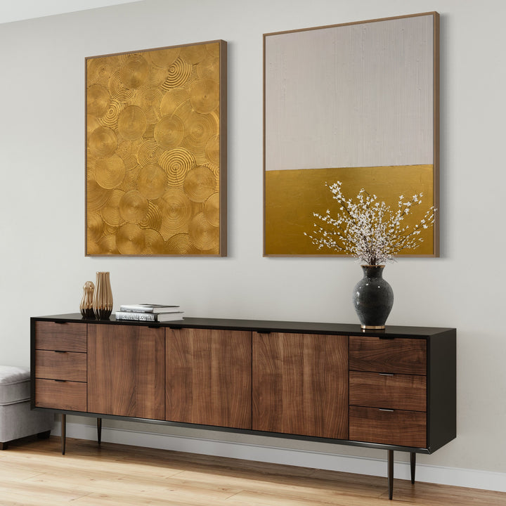 Tone Down by Lee in Cerulean. Split painting of white textured molding paste, and matte gold abstract brush strokes on the bottom.
