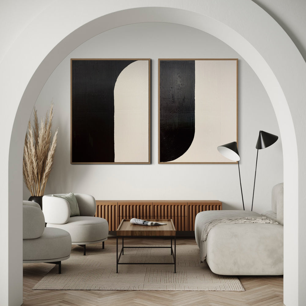 Yin + Yang by Lee in Cerulean. Diptych of textured paint in vertical lines, featuring white and black opposite arch shapes as yin & yang.