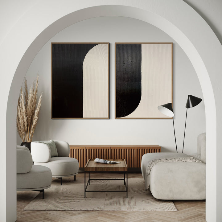 Yin + Yang by Lee in Cerulean. Diptych of textured paint in vertical lines, featuring white and black opposite arch shapes as yin &amp; yang.