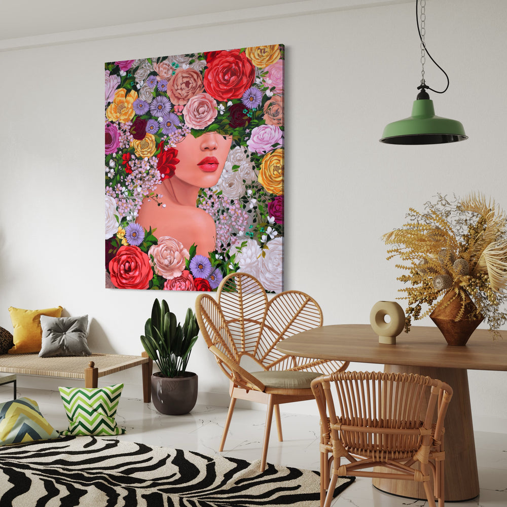 58"W x 70"H Acrylic portrait on canvas. Woman looking over her shoulder with flowers covering the top half of her face and making up the background. 