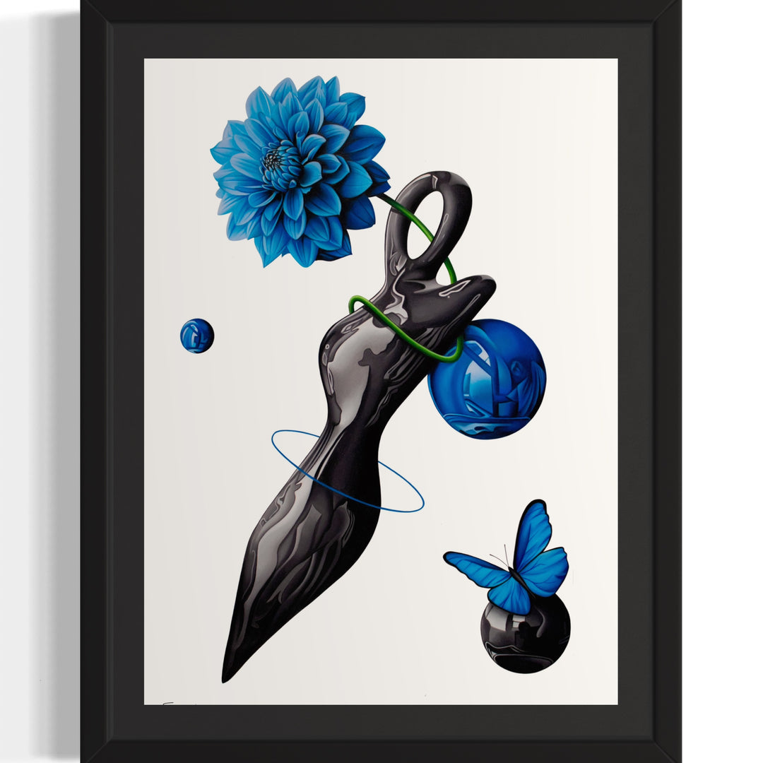 photorealism, reflection, blue flower and orbs with blue butterfly and fluid organic shapes