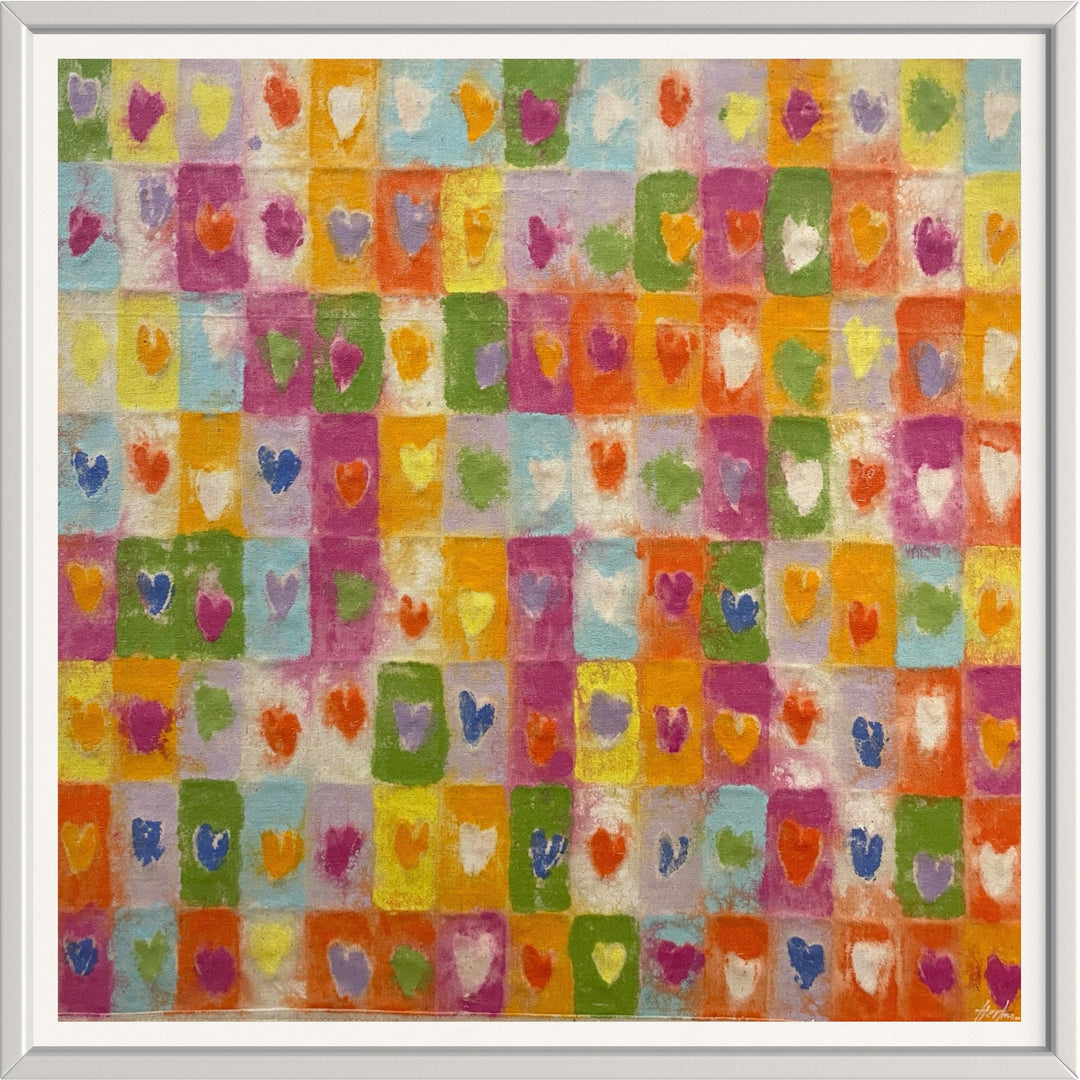rainbow hearts grid in many different colors organic blending and splotchy 
