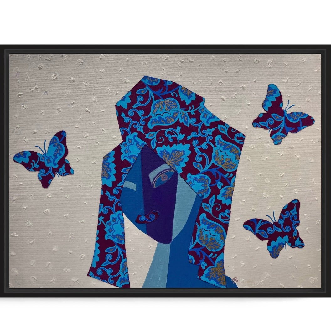 collage abstract mixed media blue butterfly