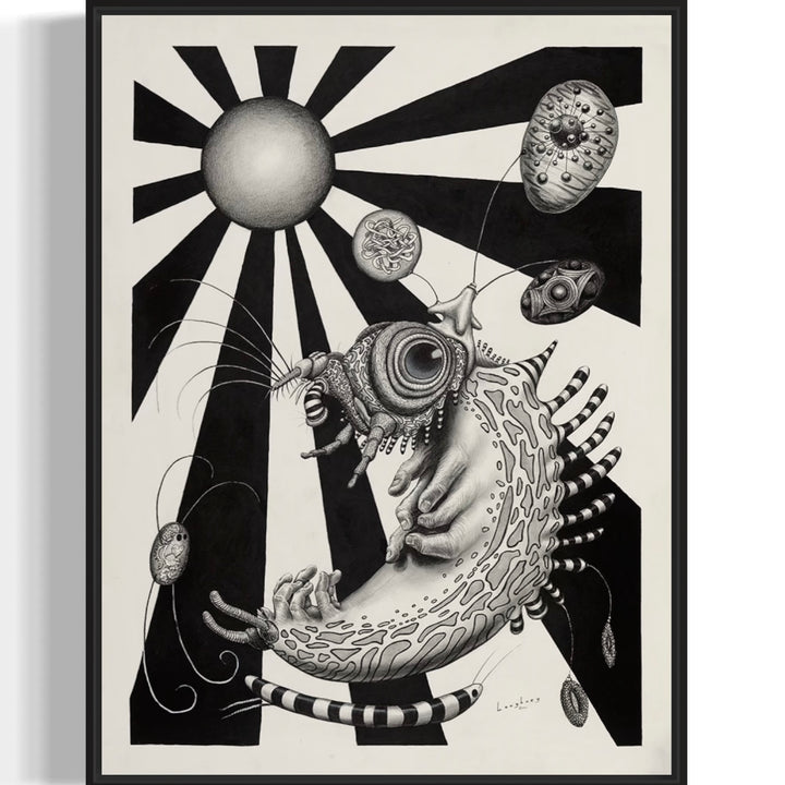 surreal creature doodles and black and white shapes lines sphere on paper