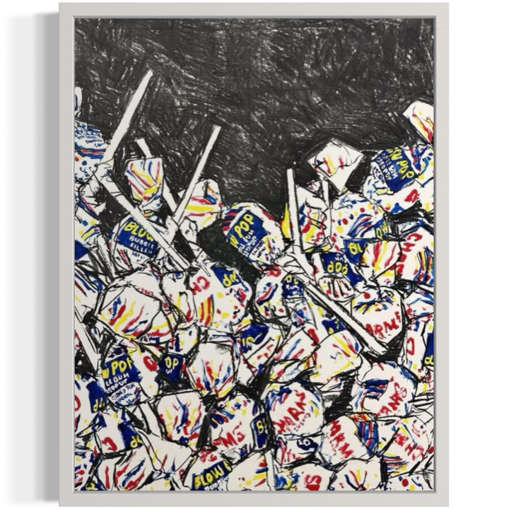 blow pop lollipops piled at bottom of composition in red yellow and blue with charcoal dark at top scribbled and doodle