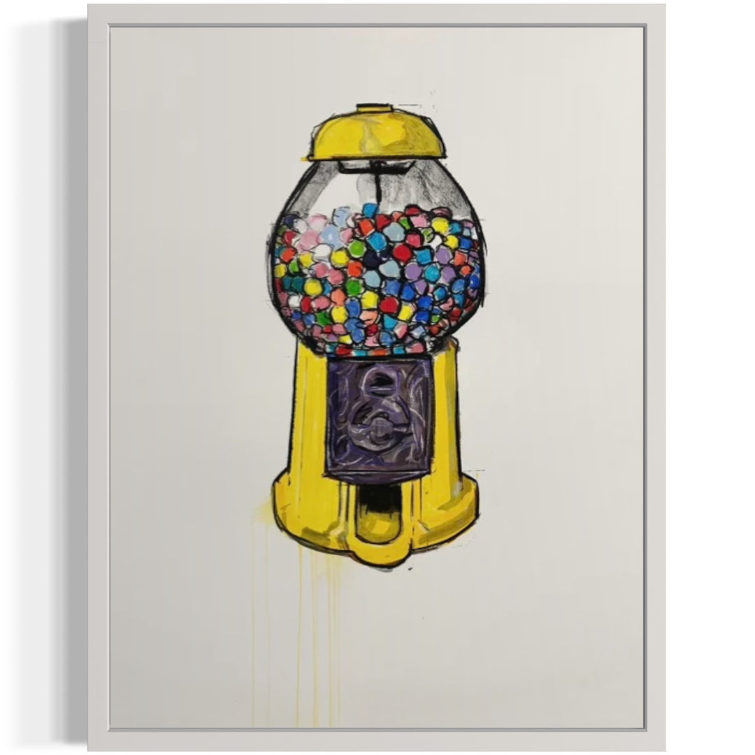 yellow gumball machine with balls of many colors sitting on blank white background in charcoal and acrylic