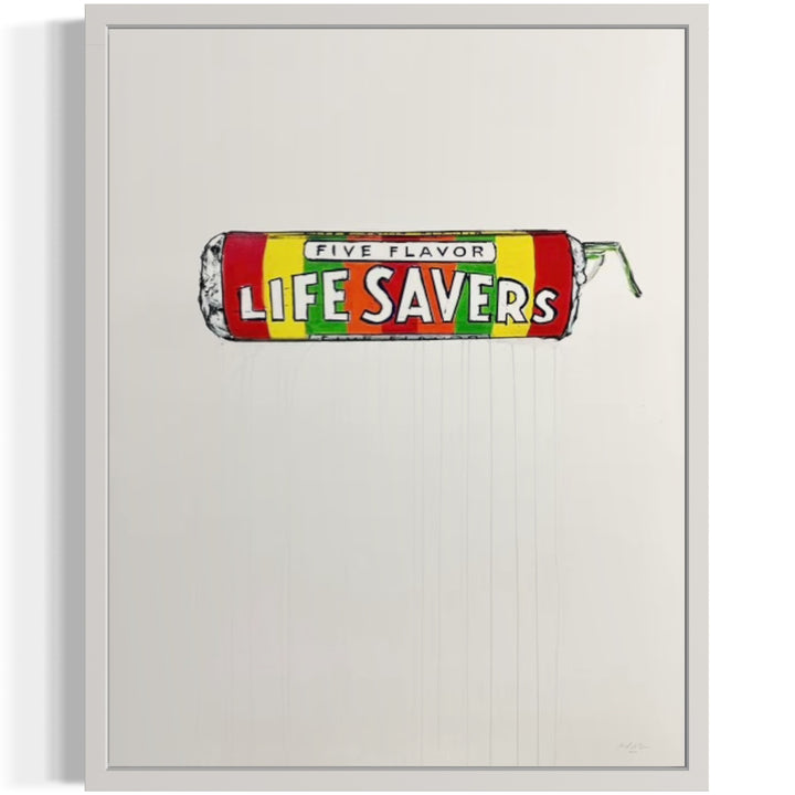 graphic life savers candy drawing in charcoal with red green orange and yellow dripping down blank white background