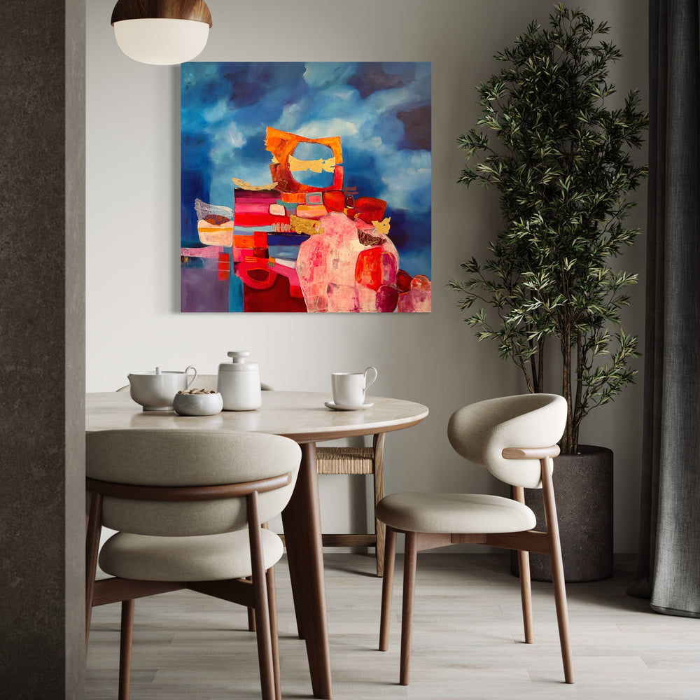 39.5" x 39.5" Lau Blou painting, abstract and geometric blue red and gold painting with clouds in the background, acrylic and  gold leaf on canvas