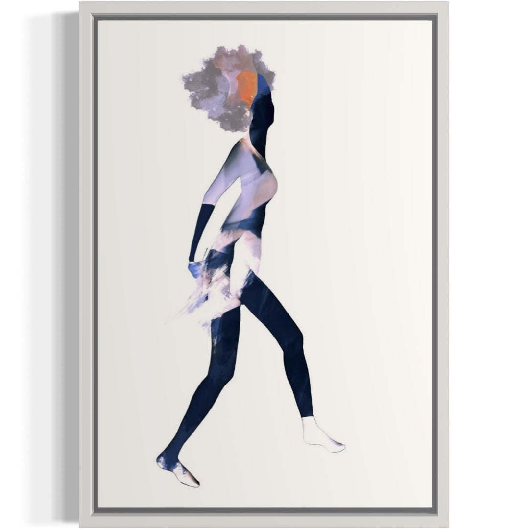 figure woman silhouette abstract collage moving across background white minimal