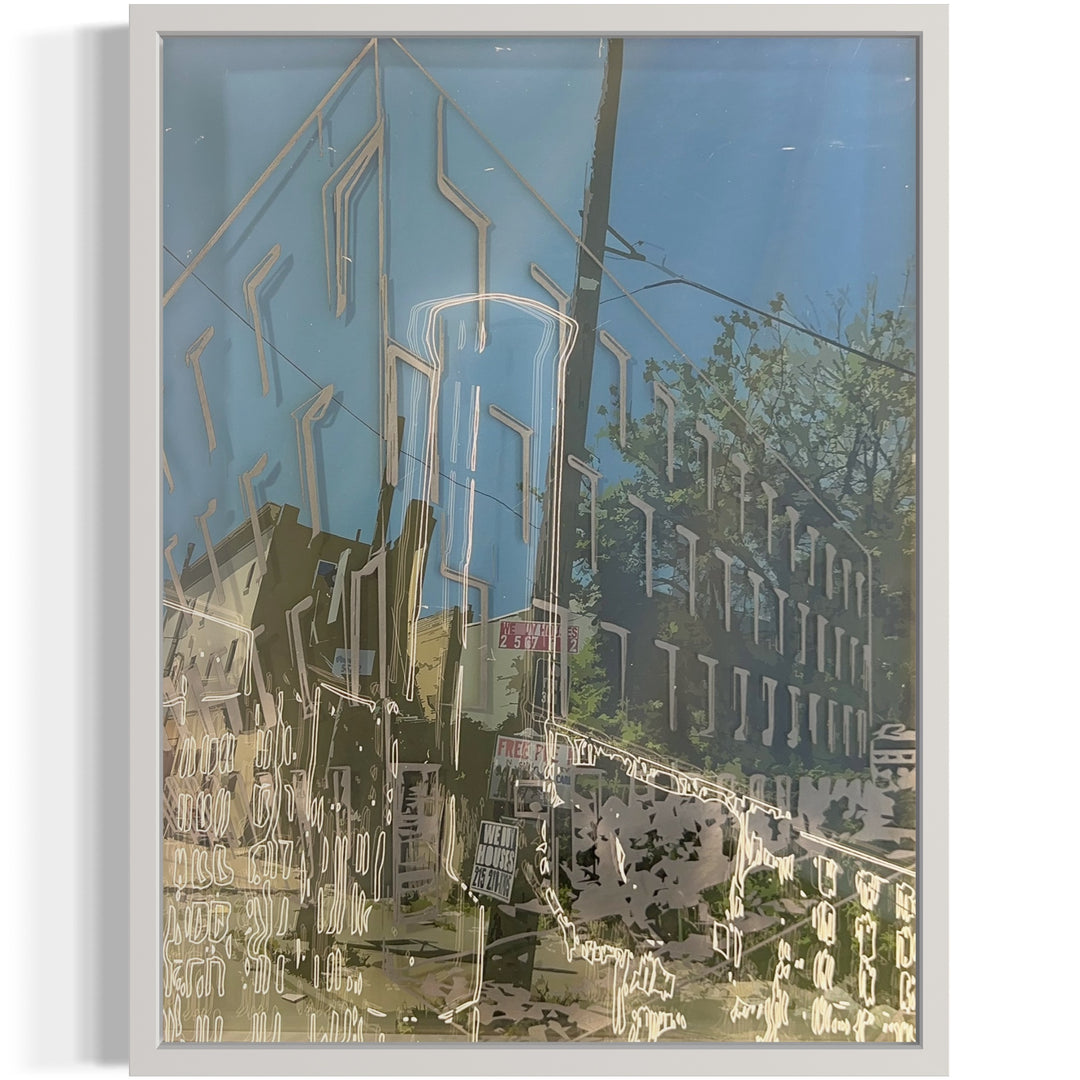 street post with electrical wires and street signs and corners of houses in Philadelphia, an overlapping doodle in white lights of a building from another perspective