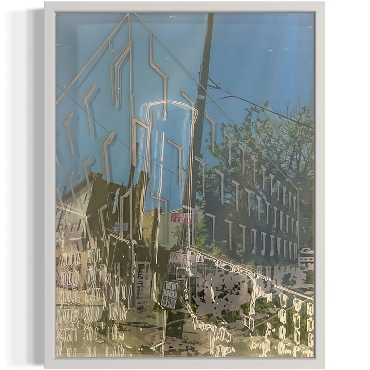 street post with electrical wires and street signs and corners of houses in Philadelphia, an overlapping doodle in white lights of a building from another perspective