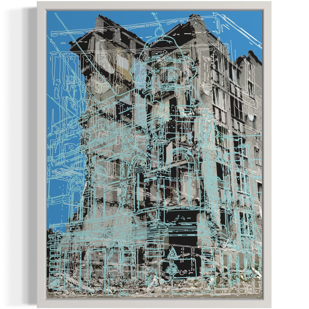 painting of cathedral in grey with blue sky and architectural doodle line drawing in light blue layered on top
