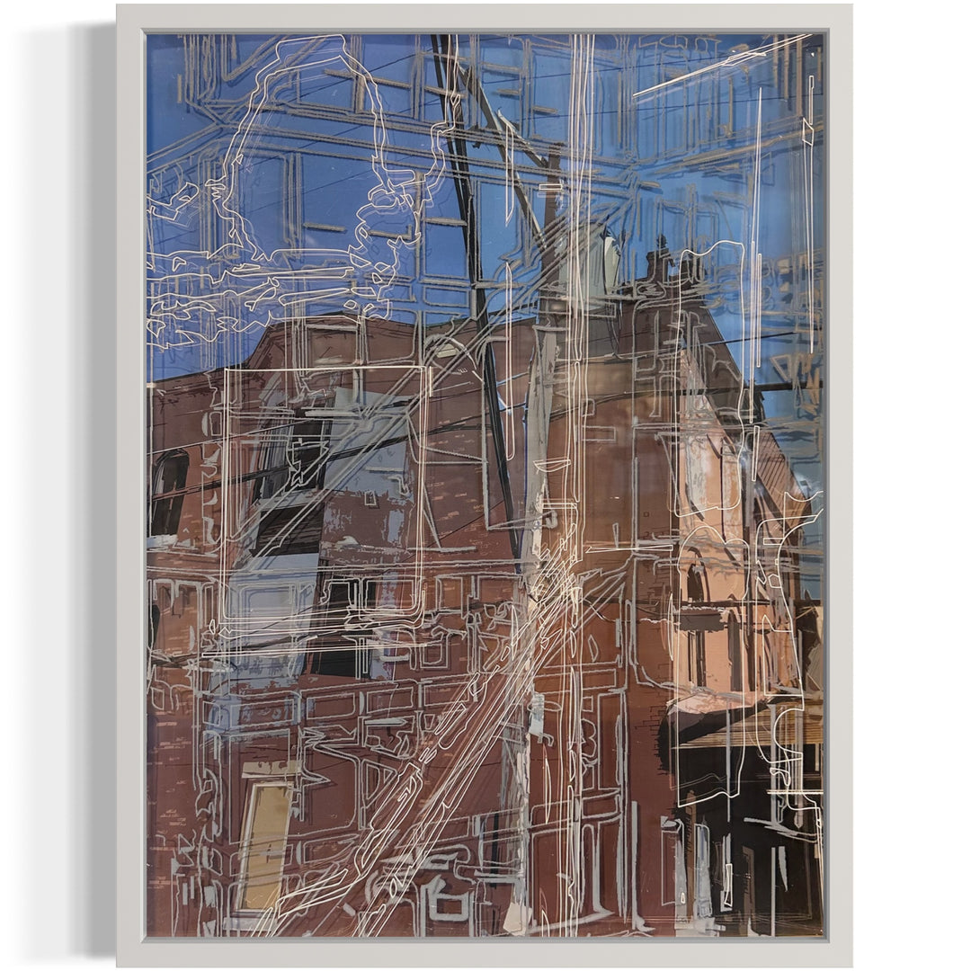 muted color illustrative painting of a corner house in Philadelphia abstract line drawing doodle layered on top with lights
