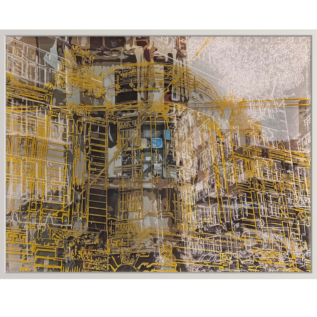 detailed brown and beige painting of architectural building and line drawing doodle on top in white and yellow