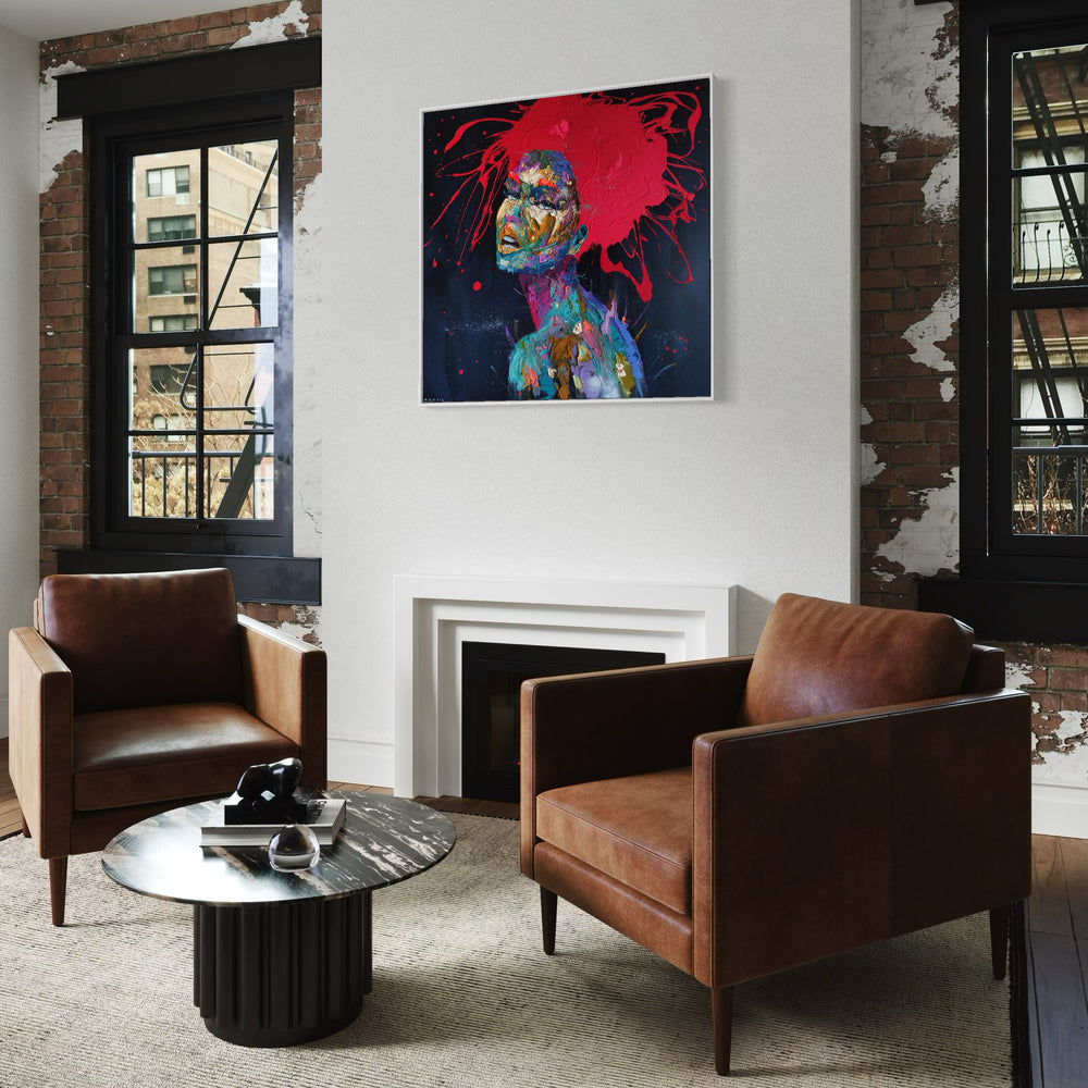 side view profile woman portrait mouth open multicolor paint splatter face with red hair on dark blue background and red splattered hair