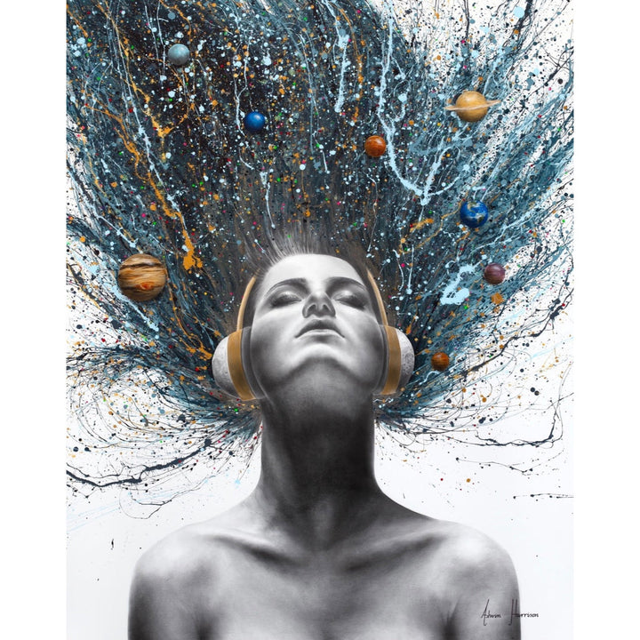Woman figure looking upwards with eyes closed, wearing headphones with blue splattered hair behind her flying upwards with planets floating around on white background
