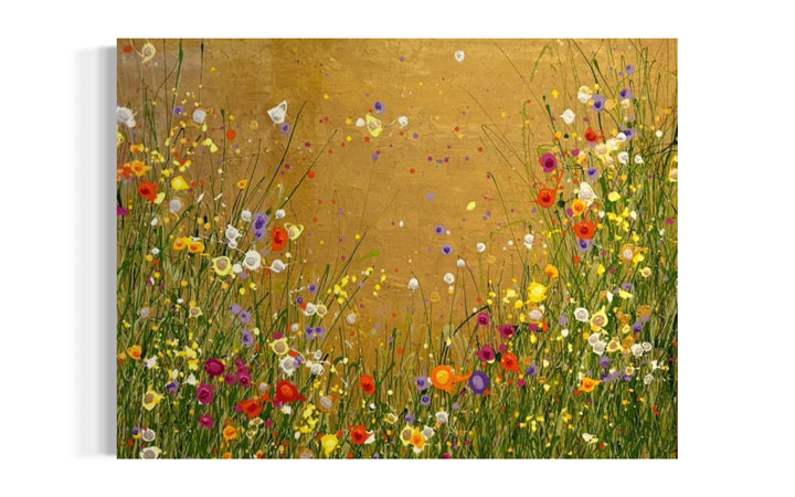 All That Glitters is Gold by Eric Heitmann, 48"w x 36"h. Abstract florals in white, green, purple, pink, and orange with a metallic gold foreground. 
