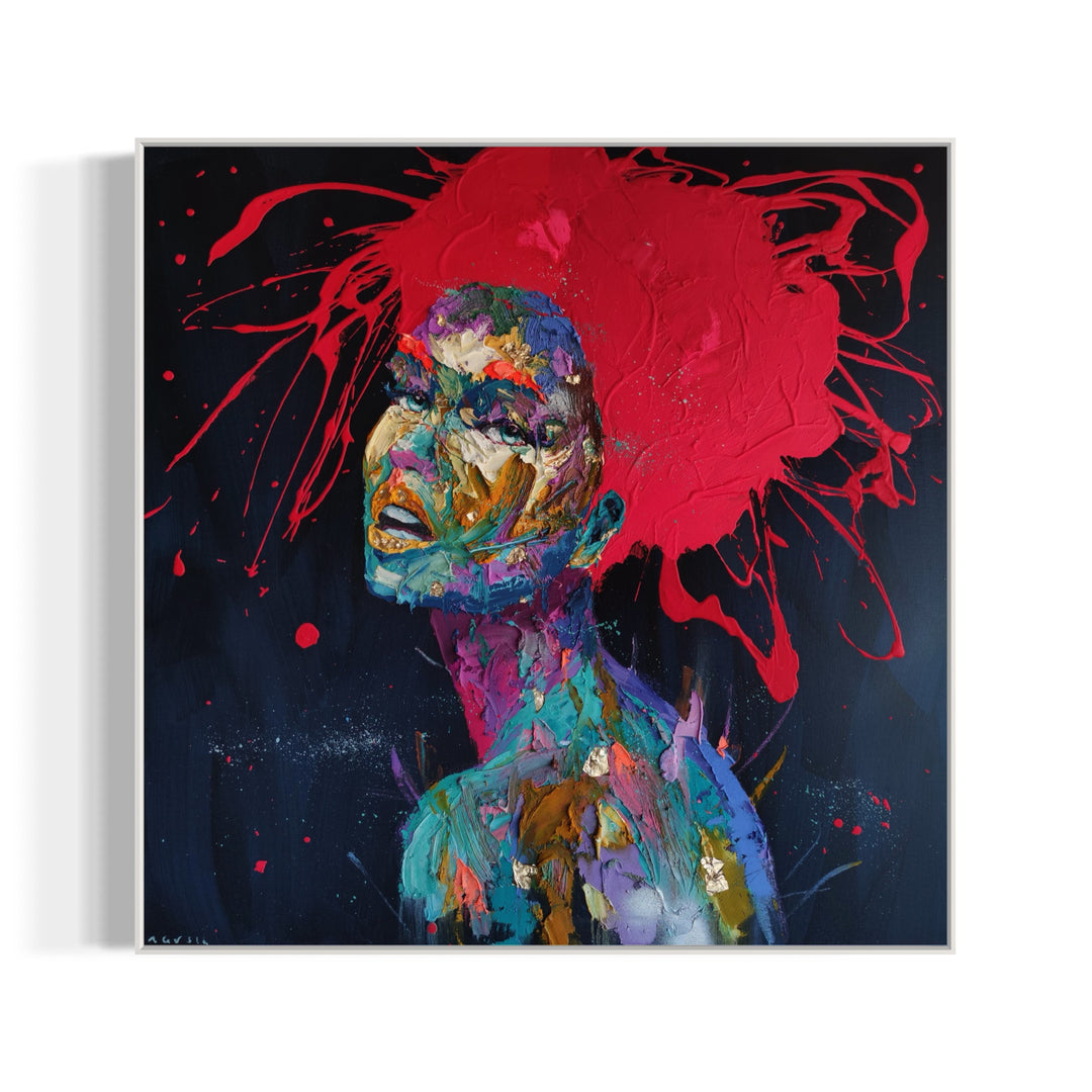 side view profile woman portrait mouth open multicolor paint splatter face with red hair on dark blue background and red splattered hair
