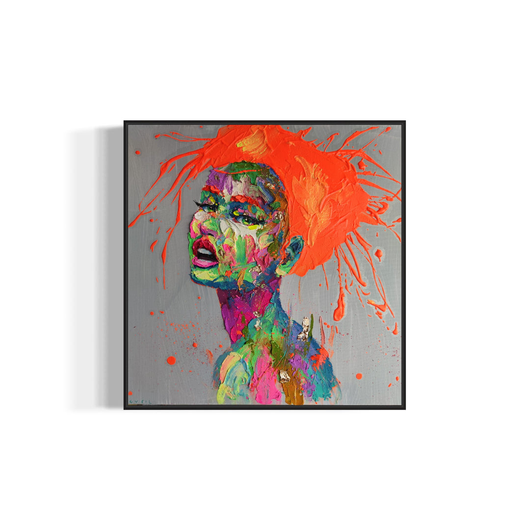 woman facing left with 3/4 profile view with skin made of thick layer of green pink red orange purple yellow impasto acrylic paint, with splattered orange hair on blue background
