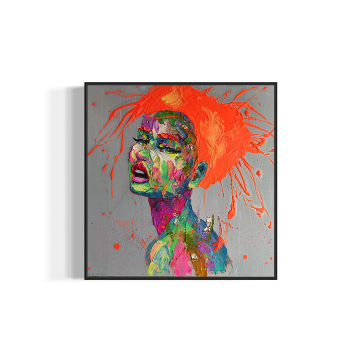 woman facing left with 3/4 profile view with skin made of thick layer of green pink red orange purple yellow impasto acrylic paint, with splattered orange hair on blue background