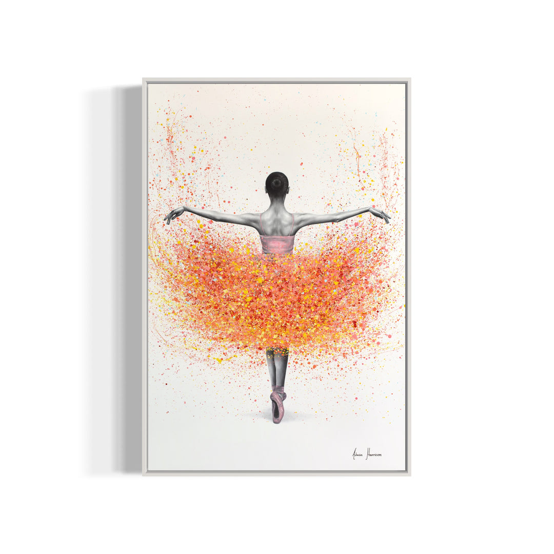 black and white realism ballerina figure posing with pink yellow red and orange paint splatter tutu on white background