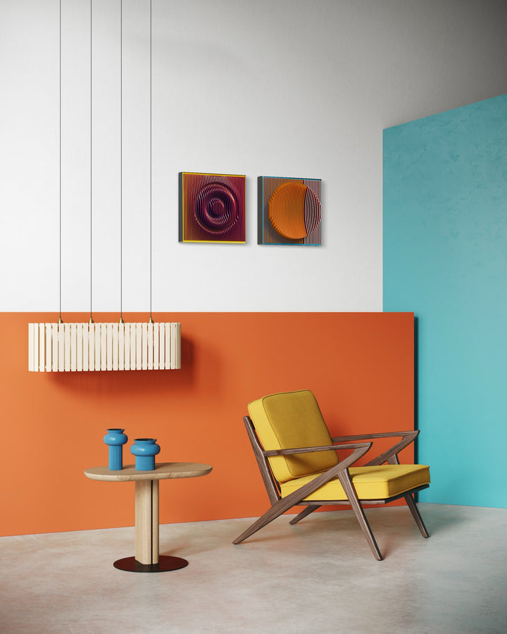 vertical stripes plexiglass abstract geometric with yellow and orange in back and pulsing round circular middle in blue when viewed at angle mostly red