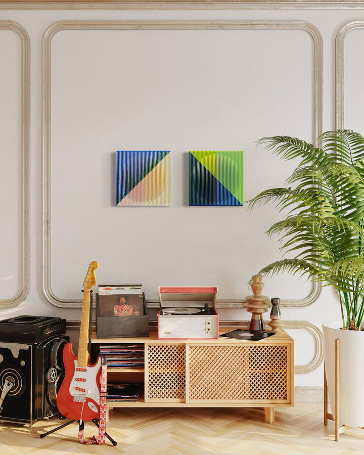 optical illusion line art sculptural plexiglass and acrylic abstract geometric wall hanging in orange pink blue and green with vertical stripes