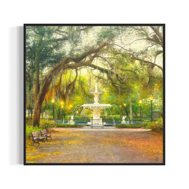 Park landscape scenery with fountain water benches over hanging trees fall foliage in green and orange in relaism oil