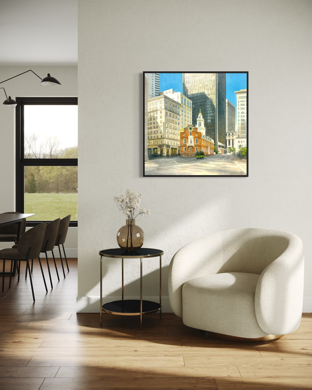 small brick building in red and orange stood in middle composition against new modern grey silver skyscraper buildings in city urban landscape with blue sky in oil realism 