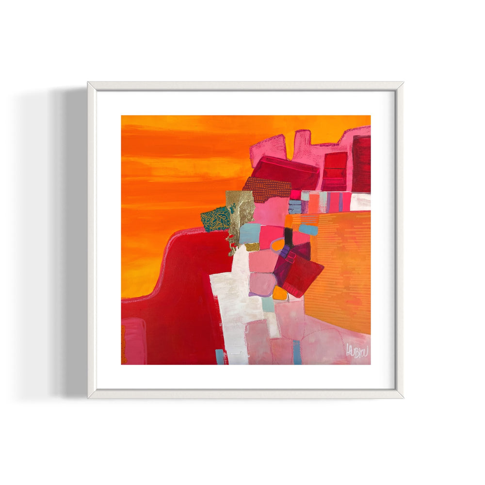 orange and pink abstract collage with paint marker fabric gold leaf foil graphite acrylic stacked shapes 