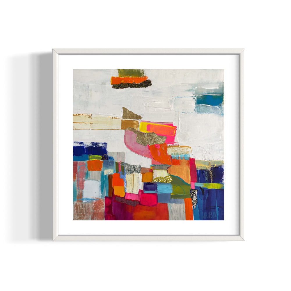 multicolor collage of acrylic paint, fabric, graphite, gold leaf, foil, patterns square shapes tacked on white background textured