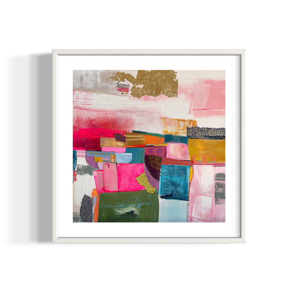 abstract geometric collage of square and semi circle shapes in fabric graphite acrylic paint gold leaf foil in pink green blue stacked and overlapping on pink and white background