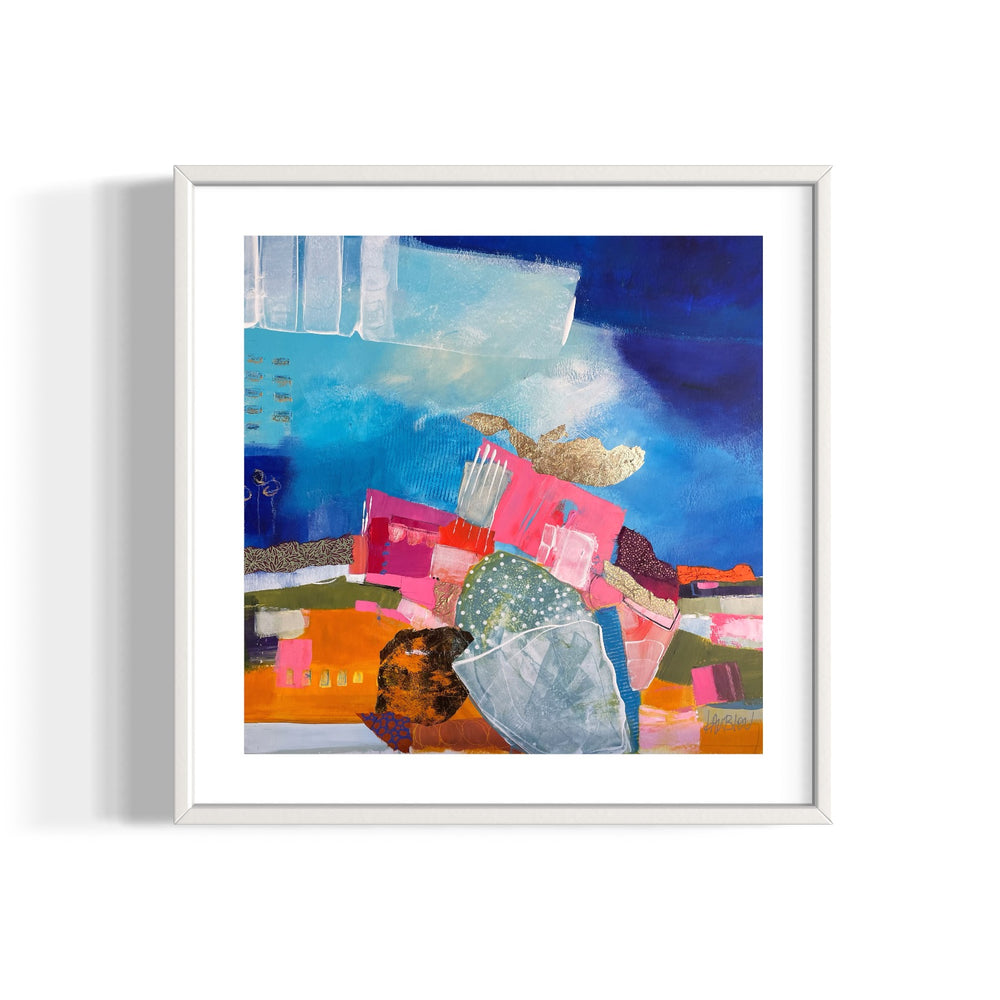 abstract collage expressionist pattern and mark making with paper fabric gold leaf acrylic paint and graphite stacked and overlapping transparent glazes on blue cloudy background