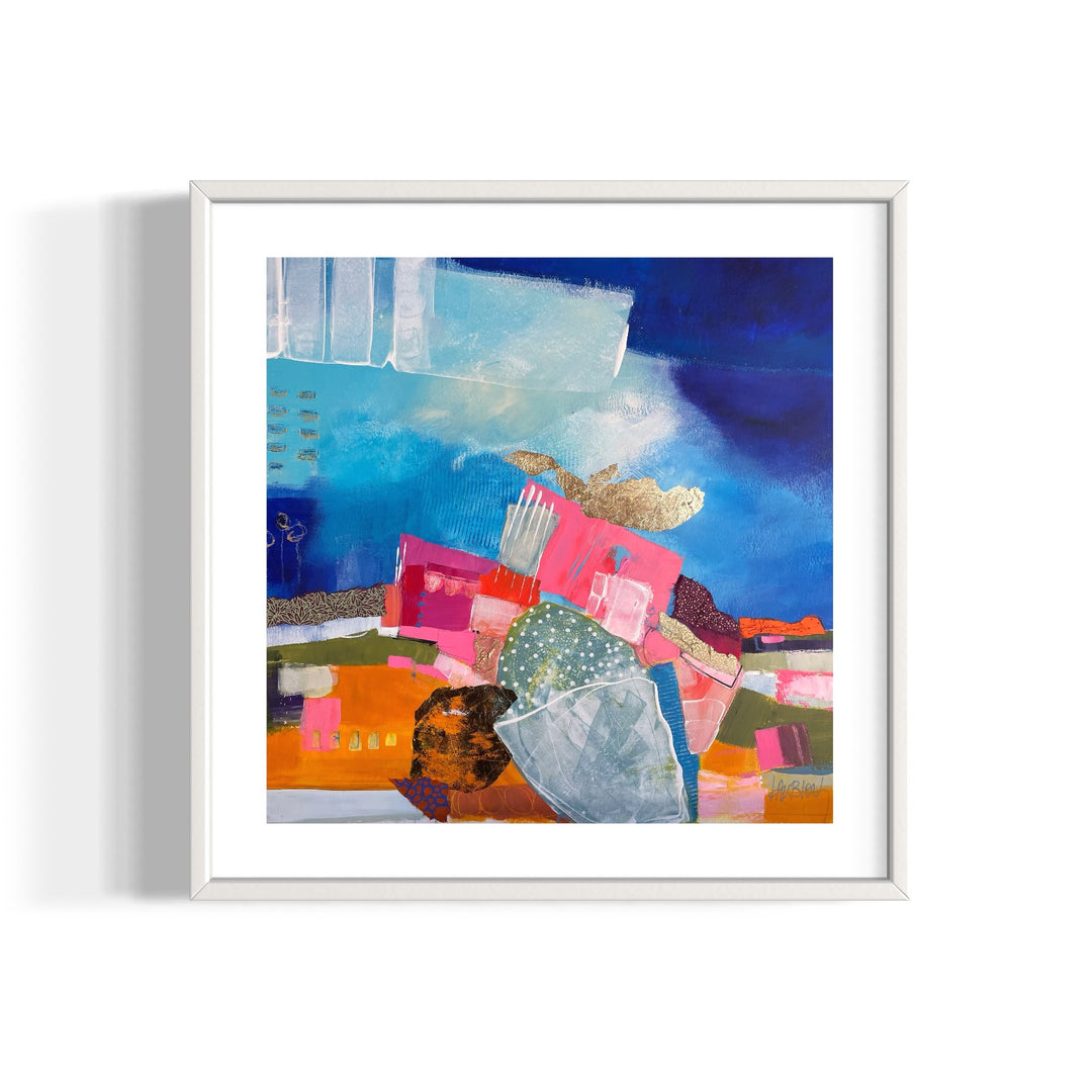 abstract collage expressionist pattern and mark making with paper fabric gold leaf acrylic paint and graphite stacked and overlapping transparent glazes on blue cloudy background