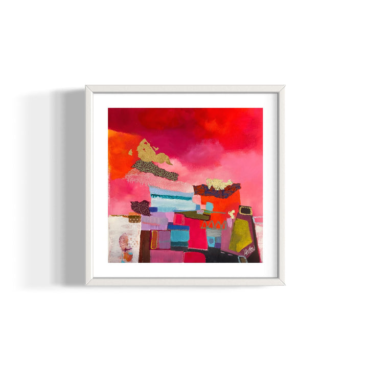 abstract organic shapes collage of paper fabric paint gold leaf graphite pastel drawing on pink cloudy background