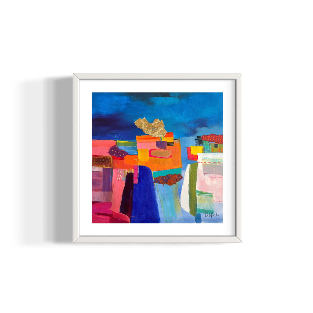 abstract geometric collage landscape with pink orange and green paint fabric graphite gold leaf on cloudy washy blue background