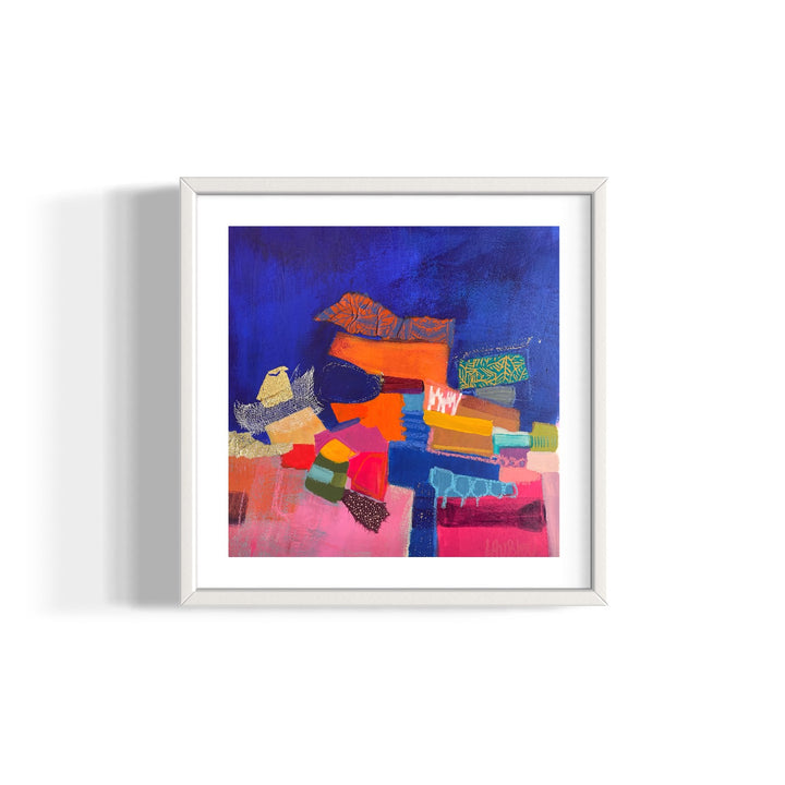 pile stack abstract composition collage of shapes colors pink orange in fabric acrylic paint graphite pastel patterns net on dark blue washy background