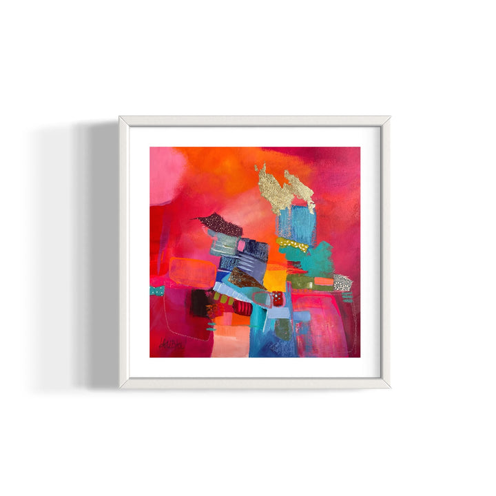 abstract collage of paint in organic shapes and fabric gold leaf graphite blue squares on pink cloudy background 