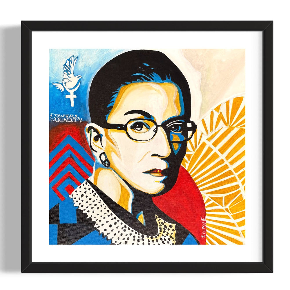RBG Ruth Bader Ginsburg patriotic red white blue gold figurative pop art portrait with decorative patterns color block 