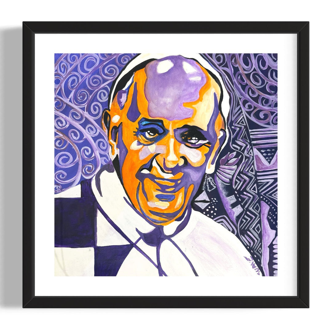 Pope Francis pop art figurative portrait in orange white and purple with decorative pattern swirls in background