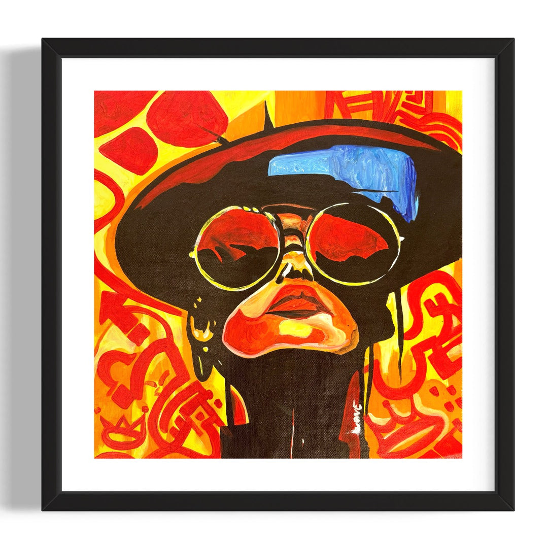 bright pop art portrait glasses hat color block style face looking upwards with bright patterns in red orange yellow 