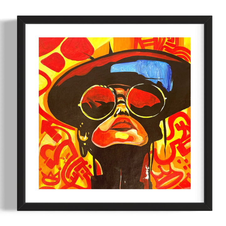 bright pop art portrait glasses hat color block style face looking upwards with bright patterns in red orange yellow 