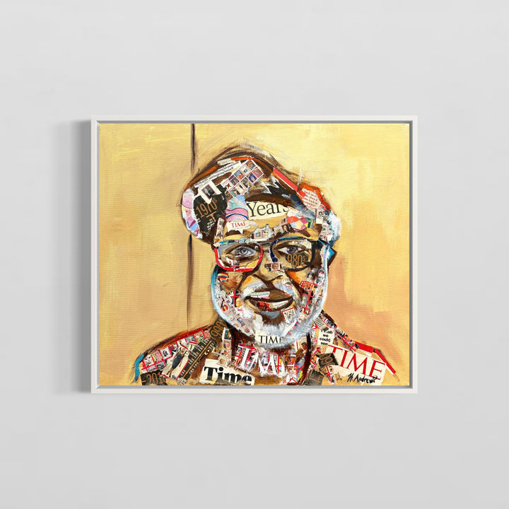 man portrait face with glasses mixed media collage magazine paper cut out acrylic paint by Keith Andrews