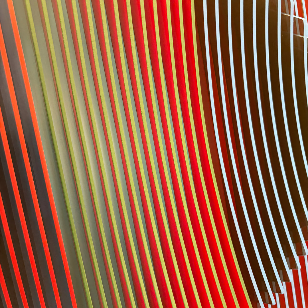 vertical stripes in three sections of color purple blue red optical mixing illusion concave convex sculptural abstract geometric modern