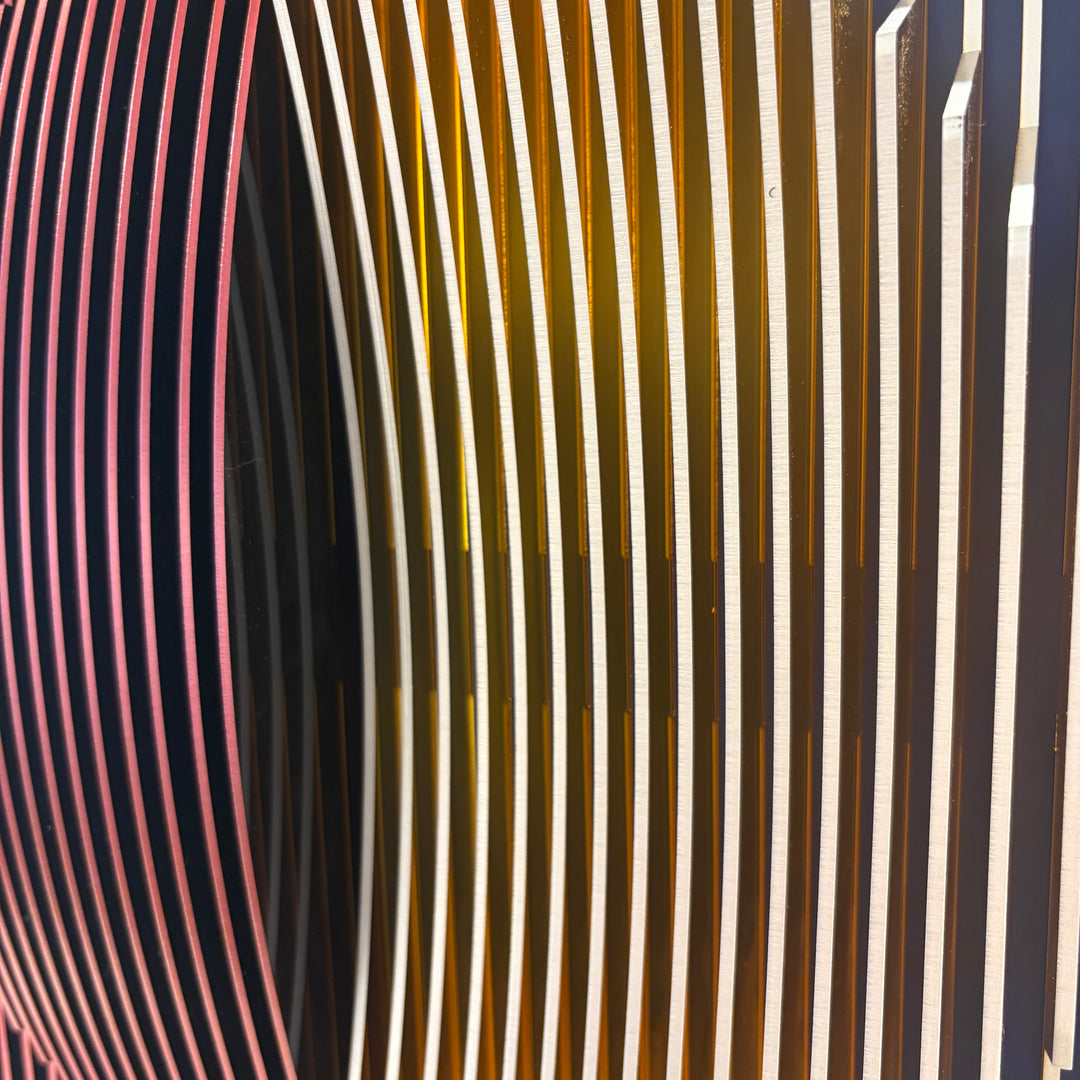 vertical stripes in purple white and navy with half convex concave sculptural circle shape coming out of center geometric abstract