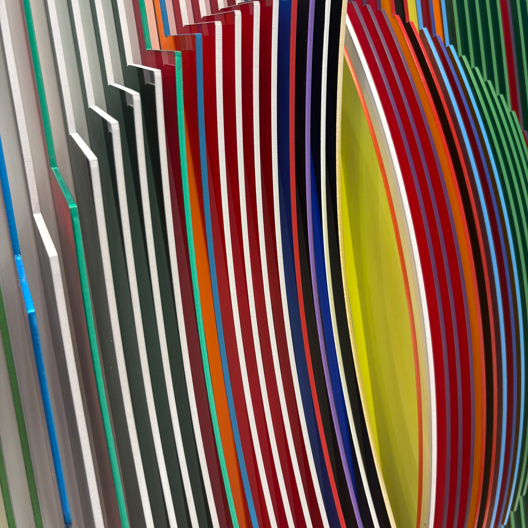 from view vertical stripes on white background in rainbow colors all convex and concave optical illusion to create circle from front, jagged from side and color more prominent