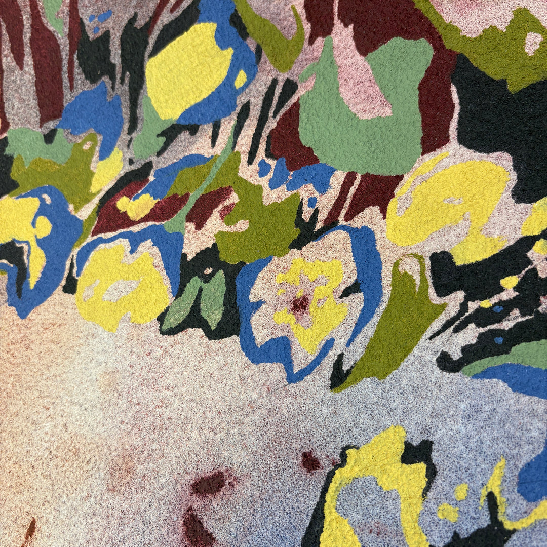 abstract floral still life oil painting in pumice textured surface in blue maroon green and yellow negative space organic shapes leaves shadows