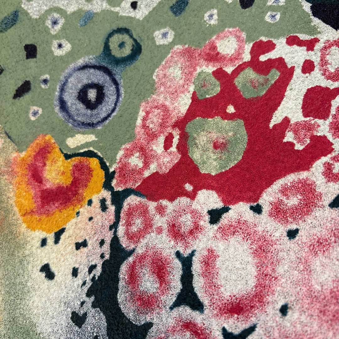 petri dish old bacteria science nature in gradient of oil paint in colors of green pink and yellow organic shapes blending and bleeding together in oil on pumice surface