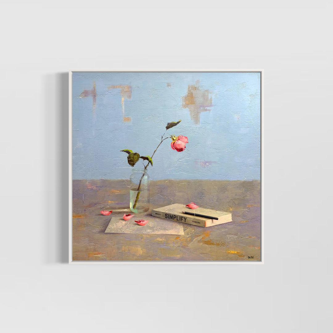 realism still life in oil textured painting single rose flower in glass with book simplify and pencil on blue background